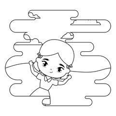 cute little student girl in landscape scene