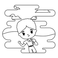 cute little student boy in landscape scene