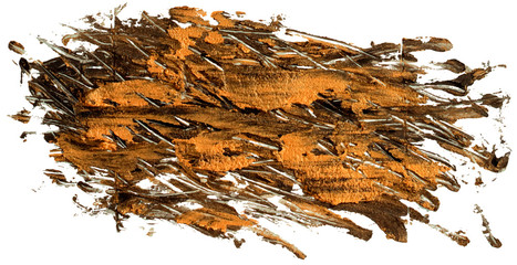 Golden with black vector oil brush stroke. Abstract varnish splash trace shape. Glossy oil paint smear on white background. Eps 10 illustration.