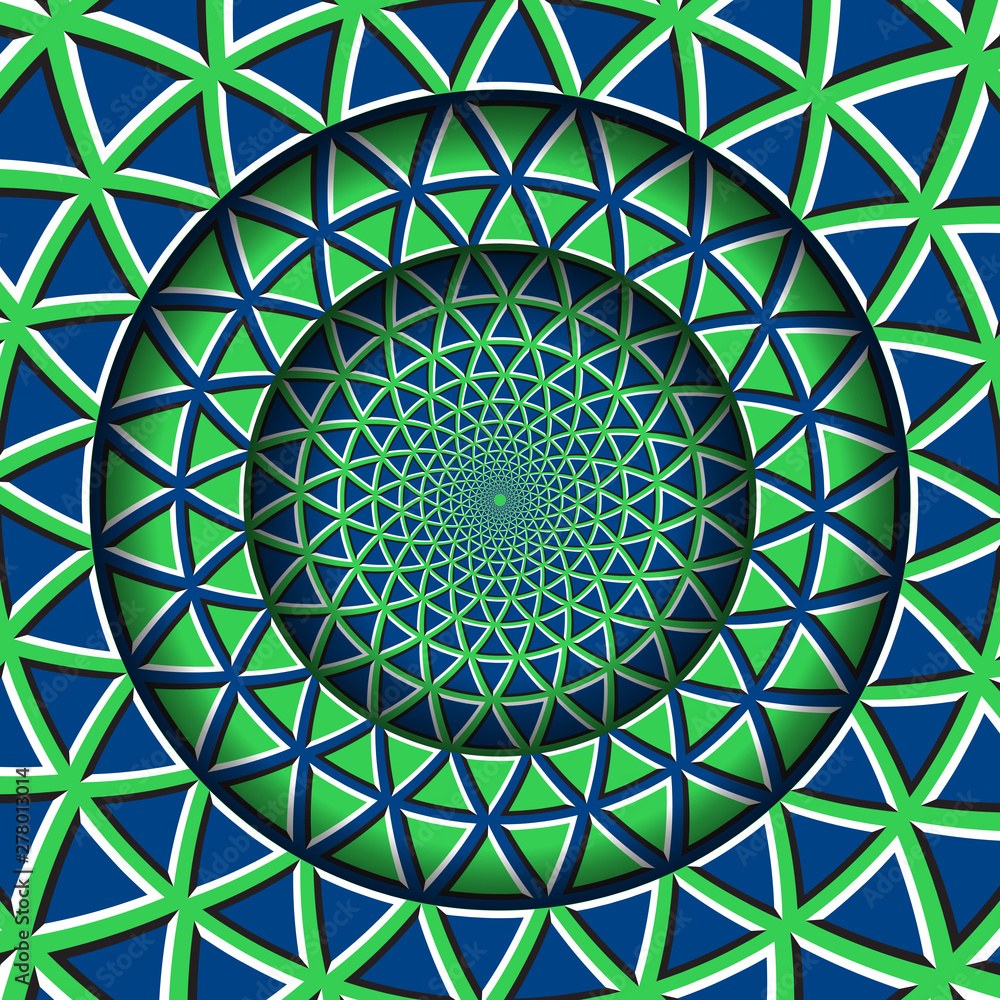 Aufkleber abstract round frame with a moving blue green triangles pattern. optical illusion hypnotic backgroun