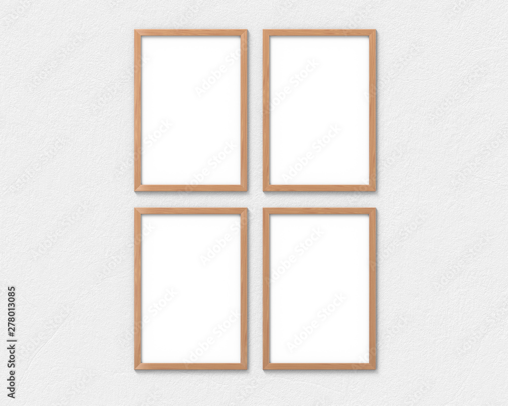 Fototapete set of 4 vertical wooden frames mockup with a border hanging on the wall. empty base for picture or 