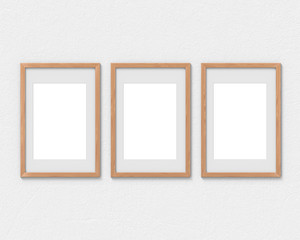 Set of 3 vertical wooden frames mockup with a border hanging on the wall. Empty base for picture or text. 3D rendering.