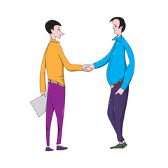 Cartoon men make a business deal and shake hands.