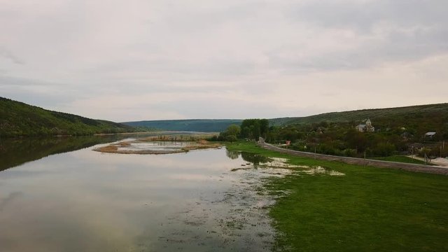 Flight over the river aat spring time. Dniester river of Moldova republic.