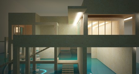 Abstract architectural concrete interior of a minimalist house standing in the water with neon lights. 3D illustration and rendering.