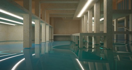 Abstract architectural concrete interior of a minimalist house standing in the water with neon lights. 3D illustration and rendering.