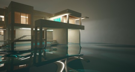 Fototapeta na wymiar Abstract architectural concrete interior of a minimalist house standing in the water with neon lights. 3D illustration and rendering.