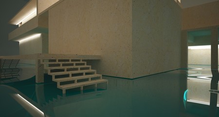 Abstract architectural concrete interior of a minimalist house standing in the water with neon lights. 3D illustration and rendering.