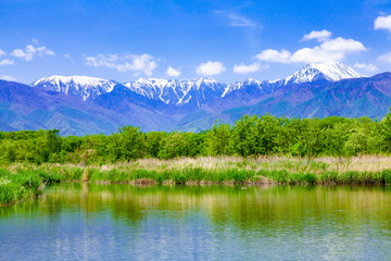 北アルプスと御宝田遊水地、長野県安曇野市明科にて