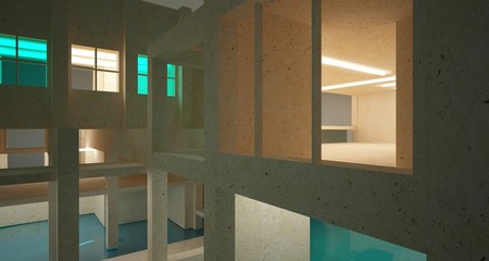 Abstract architectural concrete interior of a minimalist house standing in the water with neon lights. 3D illustration and rendering.