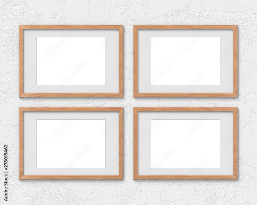 Fototapete set of 4 horizontal wooden frames mockup with a border hanging on the wall. empty base for picture o