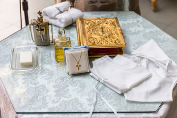 Accessories of a priest with Oil bottle for Christian baptism