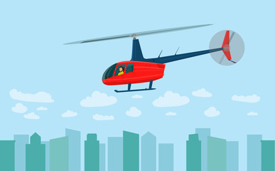 Obraz na płótnie Canvas Helicopter over the city. Side view. Man inside. Vector flat style illustration