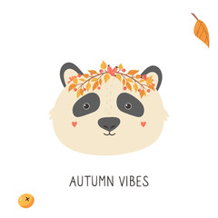 Cute panda in autumn wreath on white background