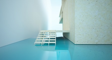 Abstract architectural concrete interior of a minimalist house standing in the water. 3D illustration and rendering.