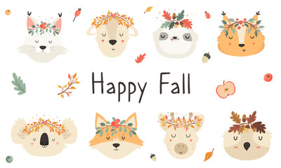 Set of tribal animals in crowns. Squirrel, fox owl