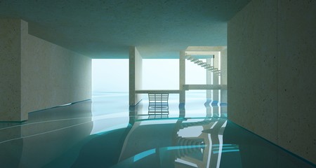 Abstract architectural concrete interior of a minimalist house standing in the water. 3D illustration and rendering.