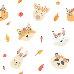 Cute seamless pattern with autumn animals in crown