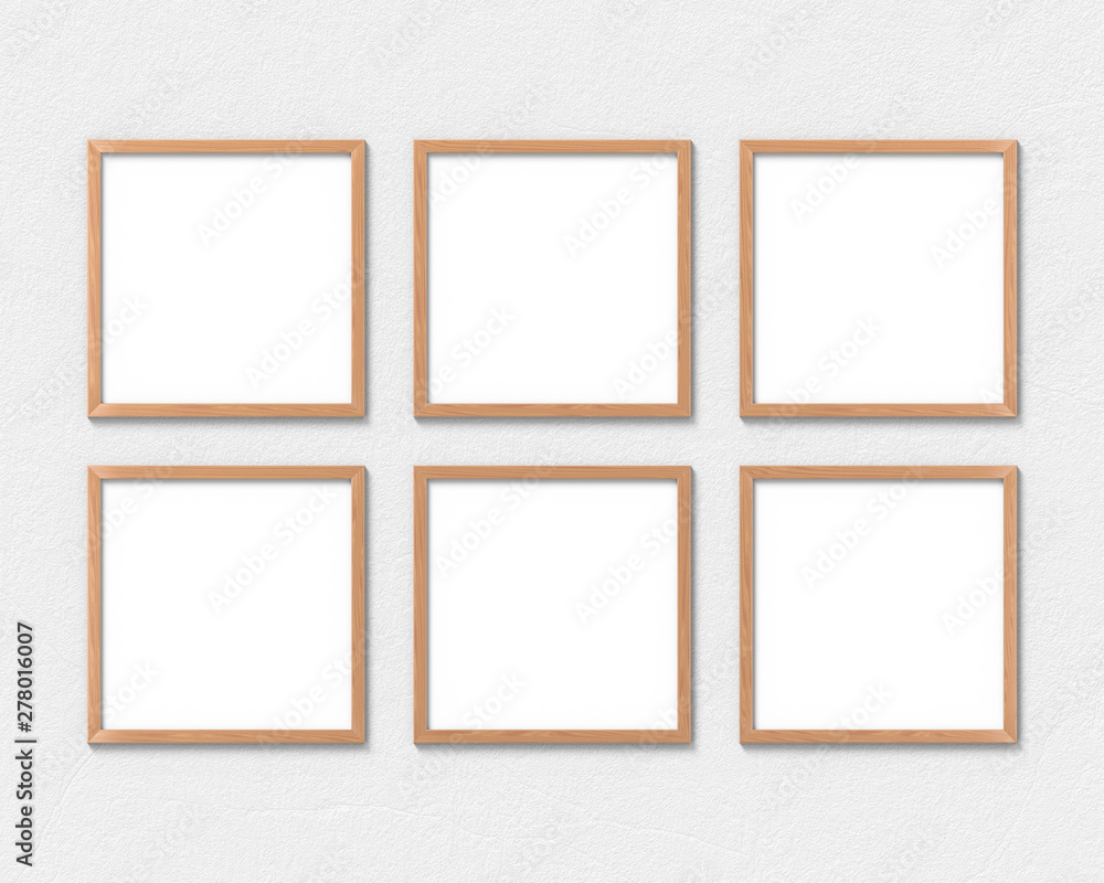 Poster set of 6 square wooden frames mockup hanging on the wall. empty base for picture or text. 3d renderi