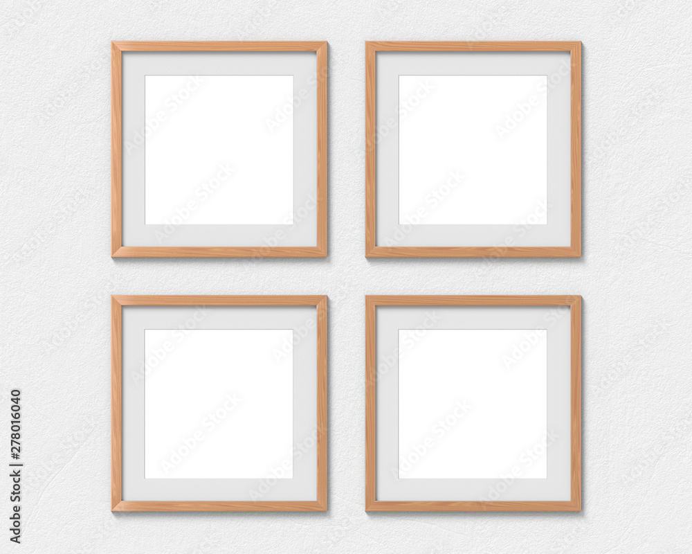 Fototapete set of 4 square wooden frames mockup with a border hanging on the wall. empty base for picture or te