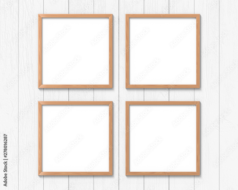 Poster set of 4 square wooden frames mockup hanging on the wall. empty base for picture or text. 3d renderi