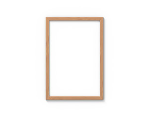 Vertical wooden frames mockup with a border hanging on the wall. Empty base for picture or text. 3D rendering.