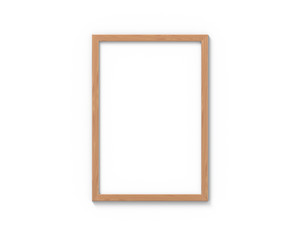 Vertical wooden frames mockup with a border hanging on the wall. Empty base for picture or text. 3D rendering.