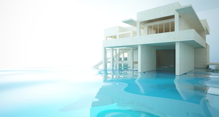 Obraz premium Abstract architectural concrete interior of a minimalist house standing in the water. 3D illustration and rendering.