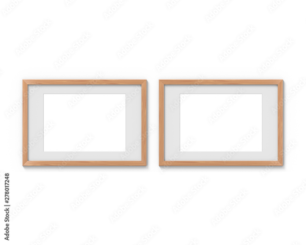 Poster set of 2 horizontal wooden frames mockup with a border hanging on the wall. empty base for picture o
