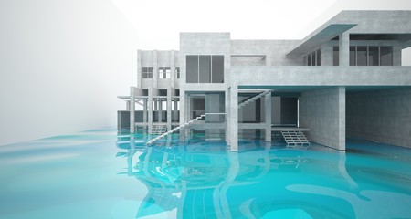 Abstract architectural concrete interior of a minimalist house standing in the water. 3D illustration and rendering.