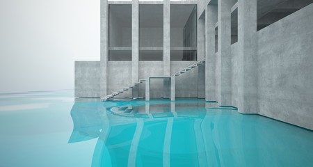 Obraz na płótnie Canvas Abstract architectural concrete interior of a minimalist house standing in the water. 3D illustration and rendering.
