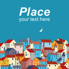 Template with sea, colorful houses and sample text.