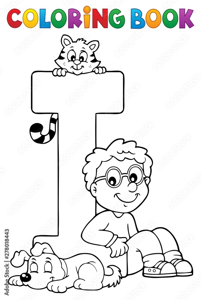 Poster coloring book boy and pets by letter i