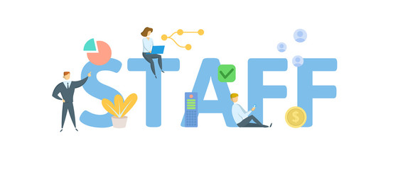 STAFF. Concept with people, letters and icons. Colored flat vector illustration. Isolated on white background.
