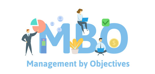 MBO, Management by Objectives. Concept with people, letters and icons. Colored flat vector illustration. Isolated on white background.