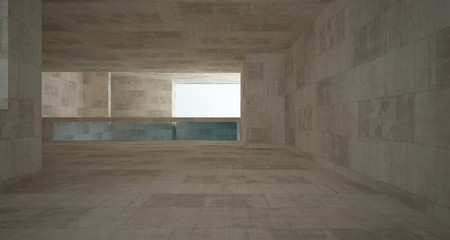 Abstract architectural concrete interior of a minimalist house standing in the water. 3D illustration and rendering.