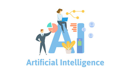 AI, artificial intelligence. Concept with people, letters and icons. Colored flat vector illustration. Isolated on white background.