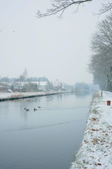 Winter landscape with frozen bare trees near the river