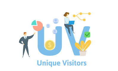 UV, Unique Visitors. Concept with people, letters and icons. Colored flat vector illustration. Isolated on white background.
