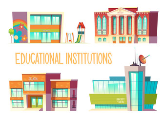 Educational institutions set, kindergarten, school, state and science university buildings front view isolated on white background, modern city establishment for studying. Cartoon vector illustration