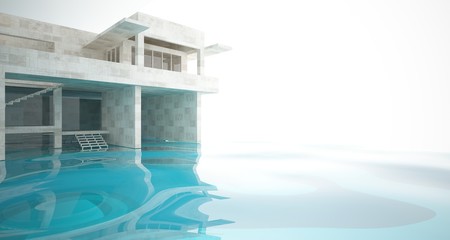 Abstract architectural concrete interior of a minimalist house standing in the water. 3D illustration and rendering.