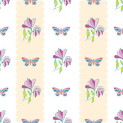 Vintage style hand drawn butterflies and flowers design. Seamless vertical geometric vector pattern with pastel stripes on white background. Great for wellness, beauty products, stationery, giftwrap