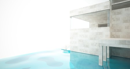 Fototapeta premium Abstract architectural concrete interior of a minimalist house standing in the water. 3D illustration and rendering.