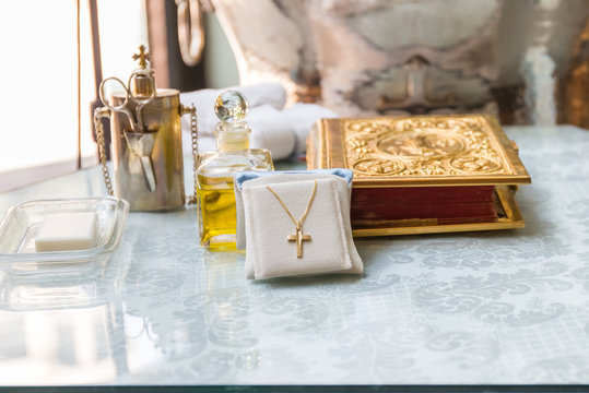 Accessories of a priest with Oil bottle for Christian baptism