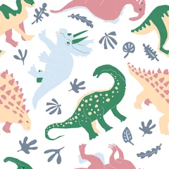  Cute herbivorous dinosaur seamless pattern. Dino flat handdrawn clipart. Prehistoric animals. Cartoon illustration for textile, wrapping, wallpapers for kids © Aleksandra