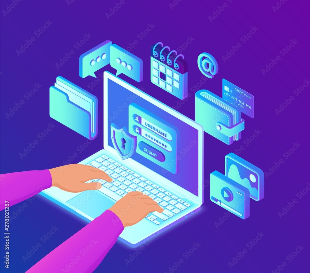 Poster data protection. open laptop with authorization form on screen, personal data protection. isometric 