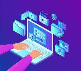 Data protection. Open laptop with authorization form on screen, personal data protection. Isometric hands on the laptop keyboard. System of authentication. 3d isometric design. Vector illustration.