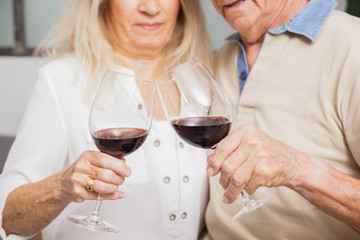 COUPLE SENIOR BUVANT DU VIN ROUGE