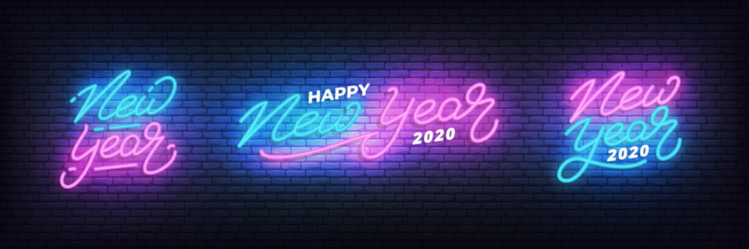 New Year neon set. Glowing neon lettering template for New Year 2020 celebration