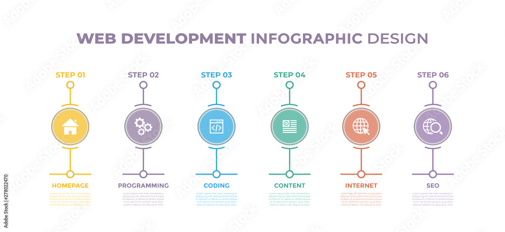 Poster modern design elements for web development concept multicolor infographics.timeline with 6 steps, op